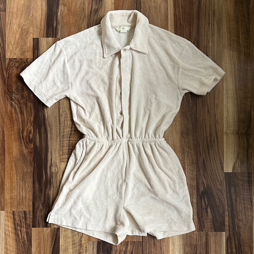 Beige Terry Cloth Button-Up Romper Size XS